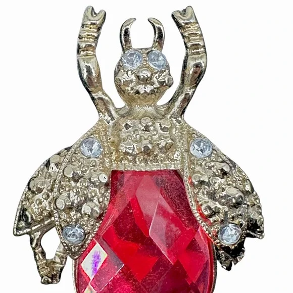 VTG Rhinestone Beetle‎ Brooch Red Jewel Gold Tone Bug Insect Pin Pave Crystal - Picture 5 of 12